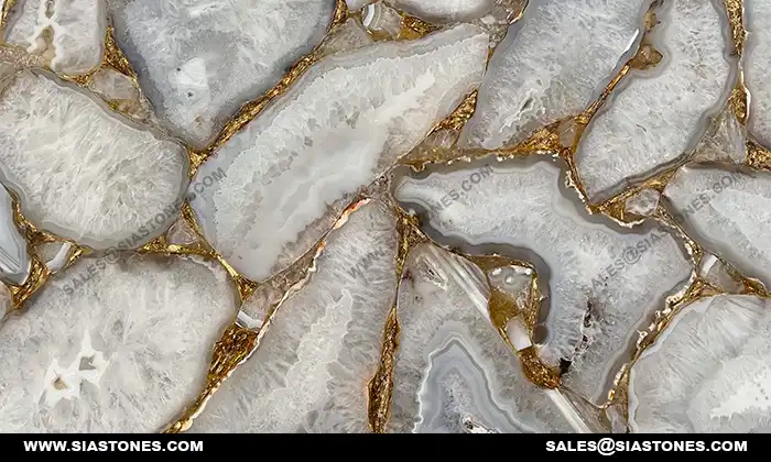 White Agate Slab With Golden Fill